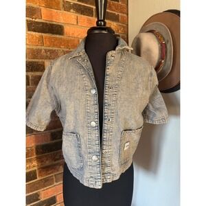 Vintage Lee Workwear Womens Acid Wash Denim Short Sleeve Jacket Cropped Blue XS